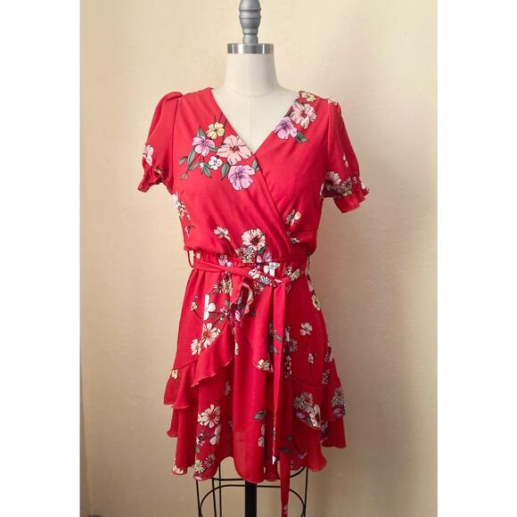 Purple Snow Women's Mini Dress Size M Red Floral Flounce Belt V-Neck - Picture 2 of 7